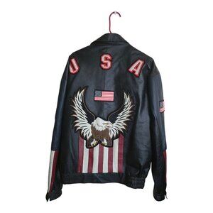 American Leather Jacket Men 2XL Multicolor USA Flag Eagle Bomber Biker Oversized